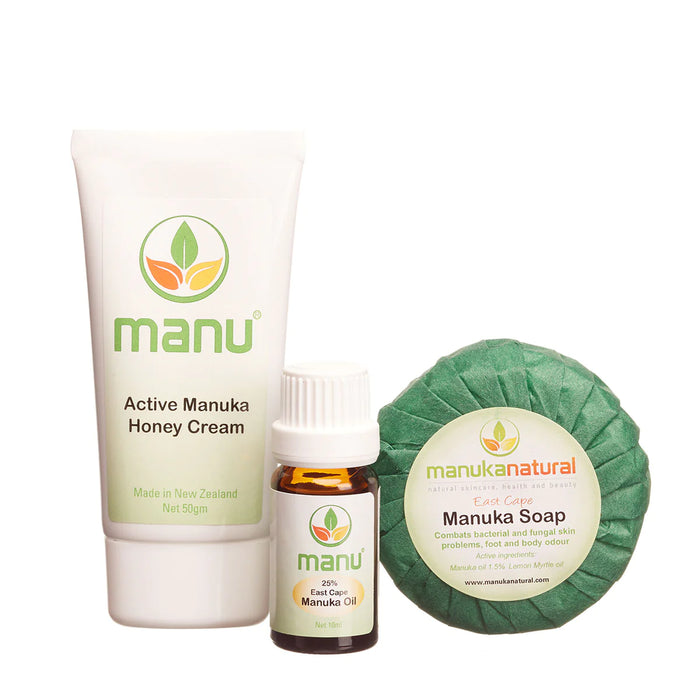 Highly effective natural acne products combine Manuka oil with Manuka honey cream and Manuka soap. Directions included.